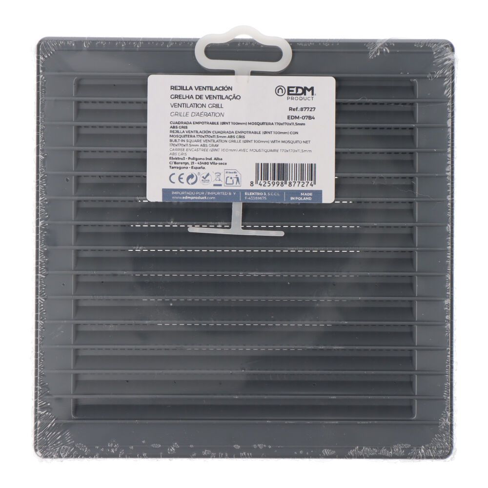 Grelha de ventilação quadrada de encastrar ø 100mm com mosquiteira 170x170x11,5mm ABS cinzento - Image 3