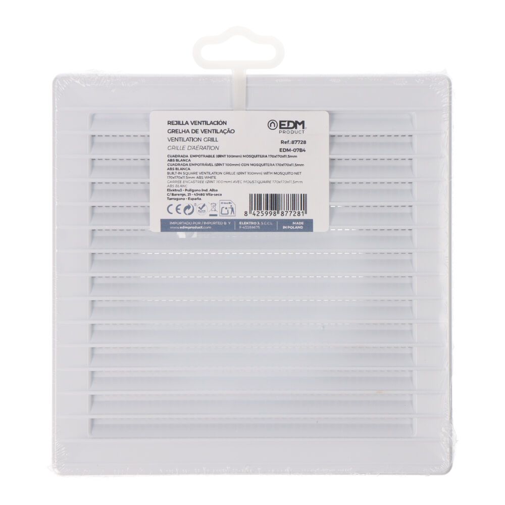 Grelha de ventilação quadrada de encastrar ø 100mm com mosquiteira 170x170x10mm ABS branco - Image 3
