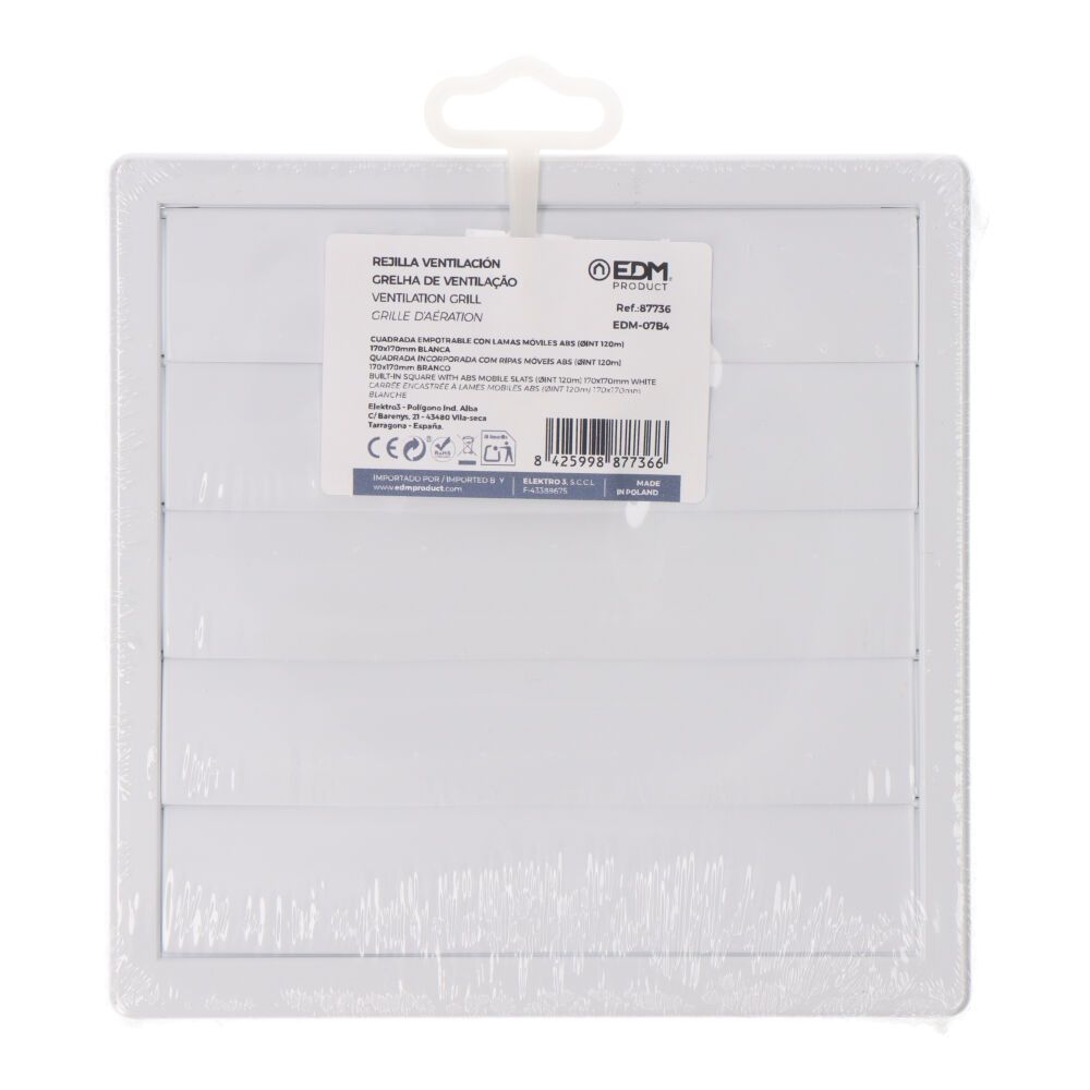 Grelha de ventilação quadrada de encastrar com lâminas móveis 170x170mm encastre Ø120MM ABS branco - Image 4