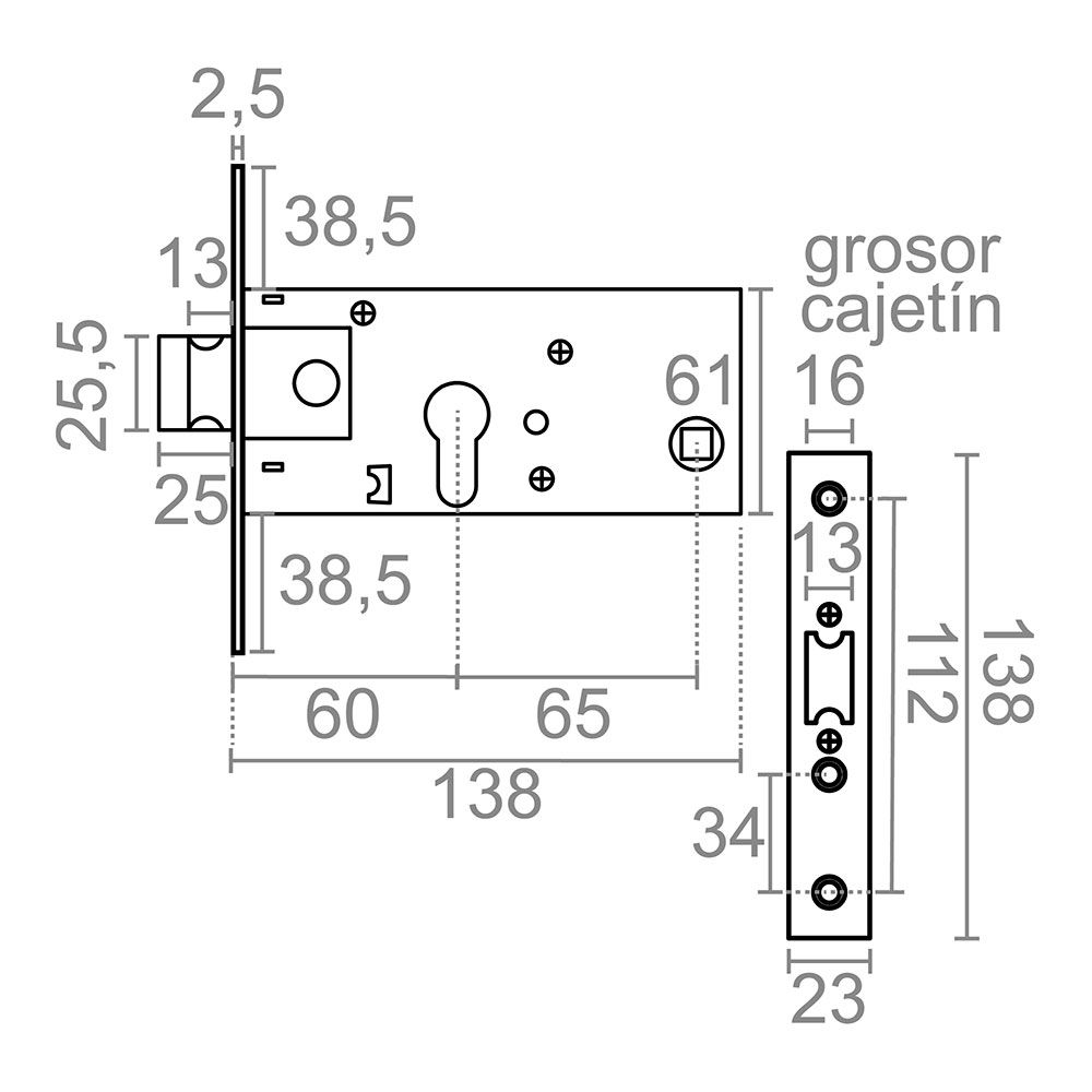 Fechadura de embutir CRE01 60 mm INOX - Image 2