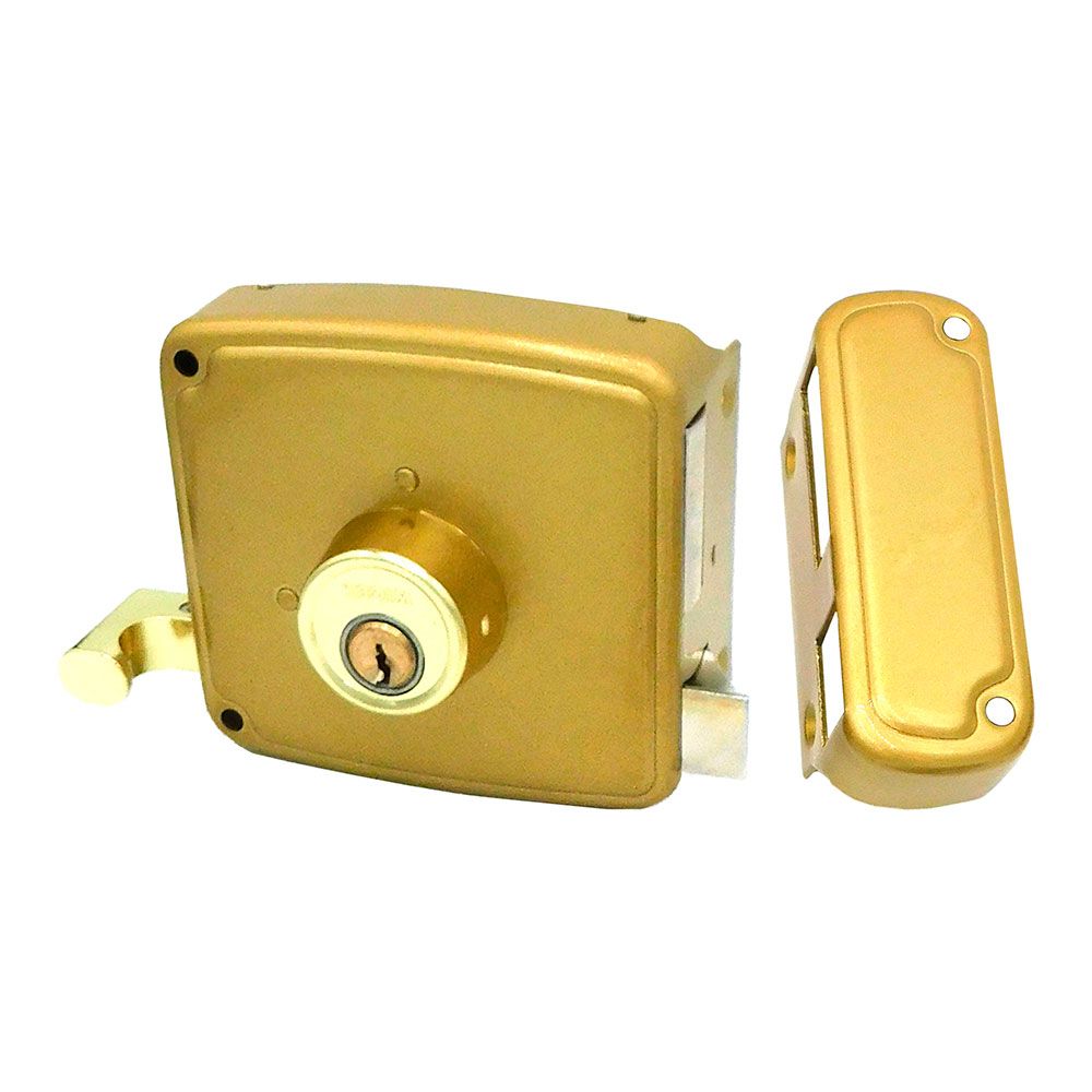 Fechadura de sobreposição CRS02 esquerda 50 x 100 mm pintada em dourado