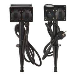 Bloco de tomadas, 2 un, 2 tomadas schuko estaca de jardim, com tampas, IP44, preta