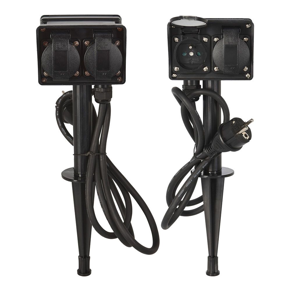 Bloco de tomadas, 2 un, 2 tomadas schuko estaca de jardim, com tampas, IP44, preta