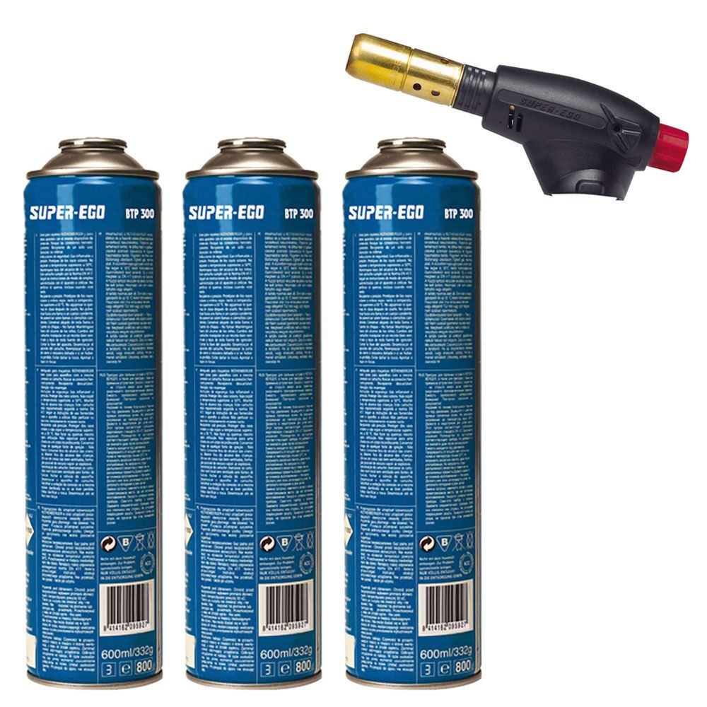 Pack maçarico segofire piezelétrico + 3 cartuchos. multigás 300 600ml super EGO