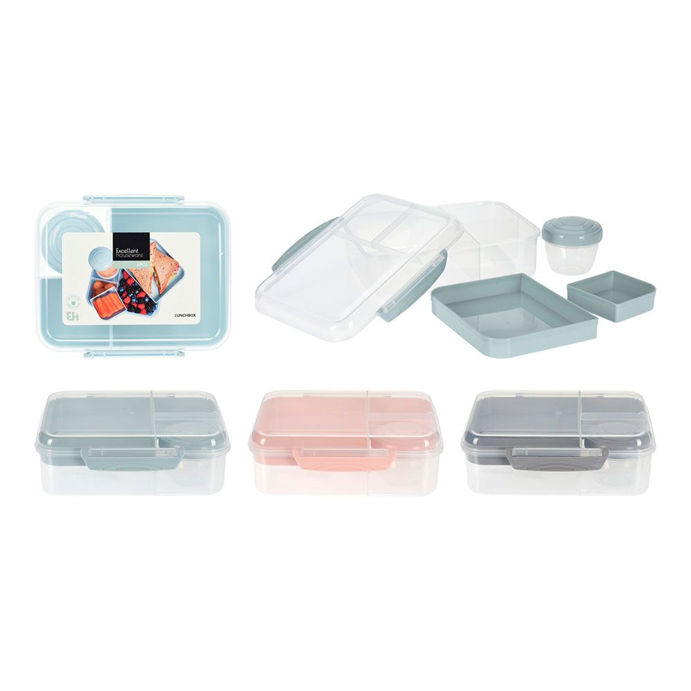 Caixa de almoço + duas bandejas + frasco de molhos, 215 x 170 x 60 mm, cores sortidas