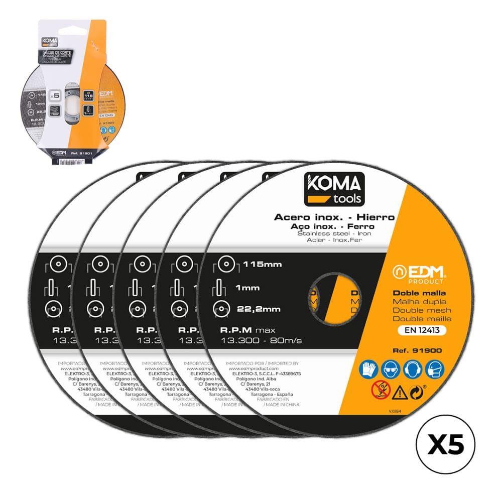 Discos de corte em ferro e aço inoxidável ø115 x 1,0 x 22,2 mm, 5 unidades
