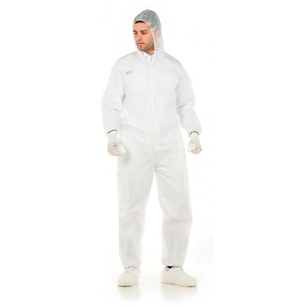 Fato macaco descartável branco, fabricado em polipropileno, tamanho G