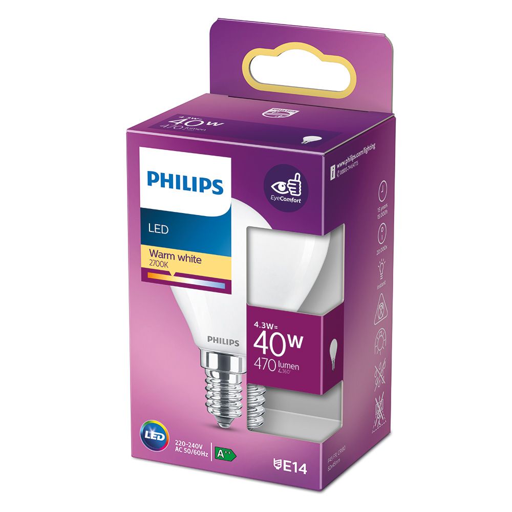 Lâmpada esférica LED E14 4,3 W 470lm 2700K LUZ quente Ø4,5x8,2cm philips - Image 2