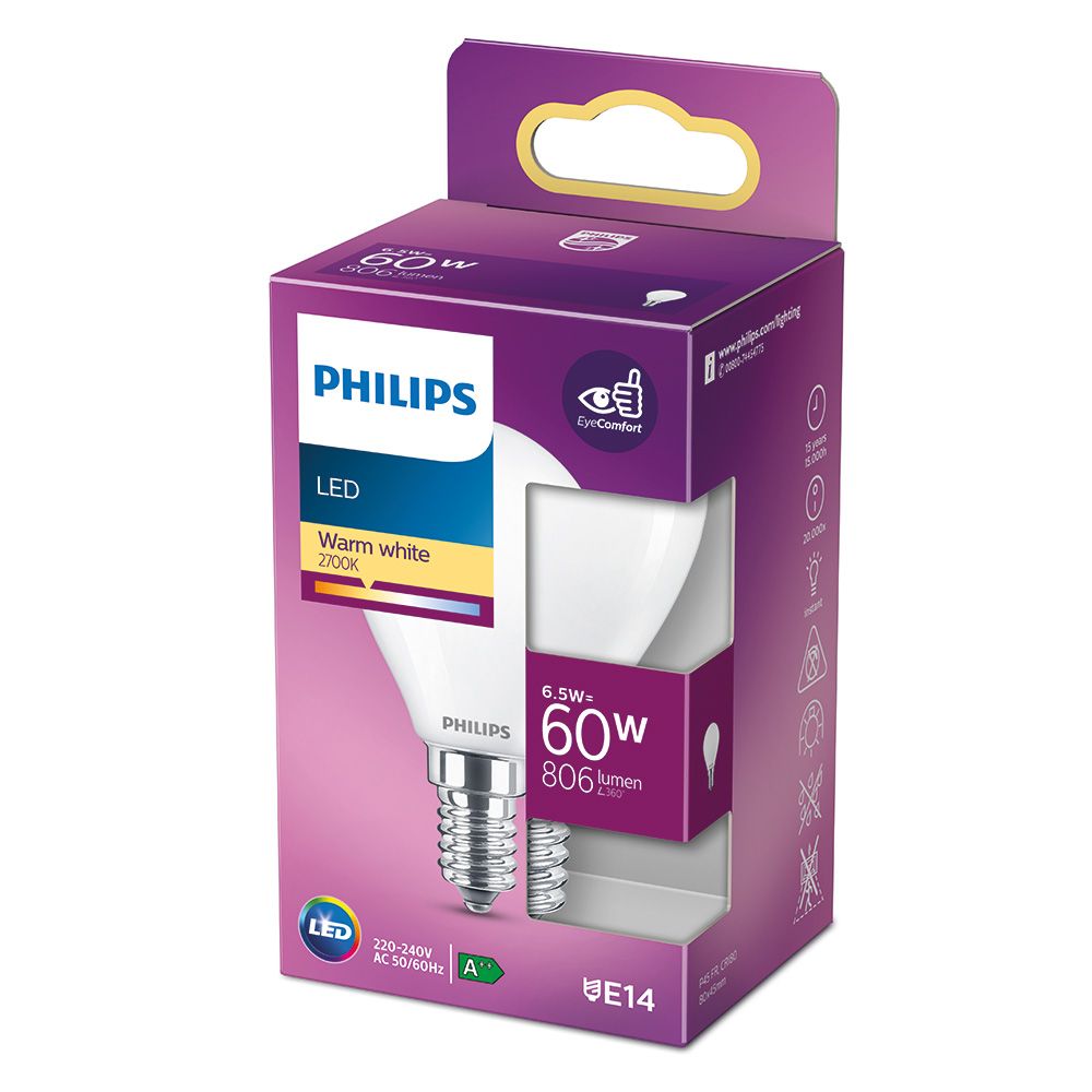 Lâmpada esférica LED E14 6,5W 806lm 2700K LUZ quente Ø4,5x8cm philips - Image 2