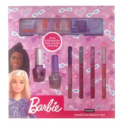 Conjunto cosmético Barbie 7 peças, 4 gloss + 1 sombra + 2 vernizes de unhas