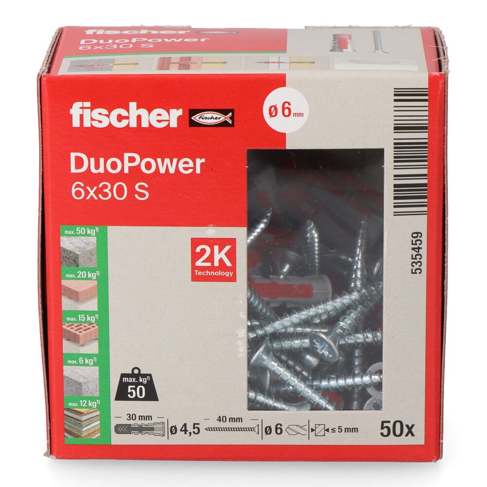 FISCHER Plugues Duopower ø6 x 30 mm + parafusos ø4,5 x 40 mm, caixa de 50 unidades