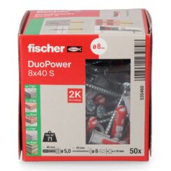 FISCHER Plugues Duopower S ø8 x 40 mm + parafusos ø5 x 55 mm, caixa de 50 unidades