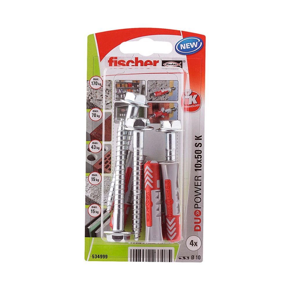 BUCHAS DUOPOWER Ø10 x 50 mm + PARAFUSOS Ø7 x 69 mm, BLISTER 4 unid