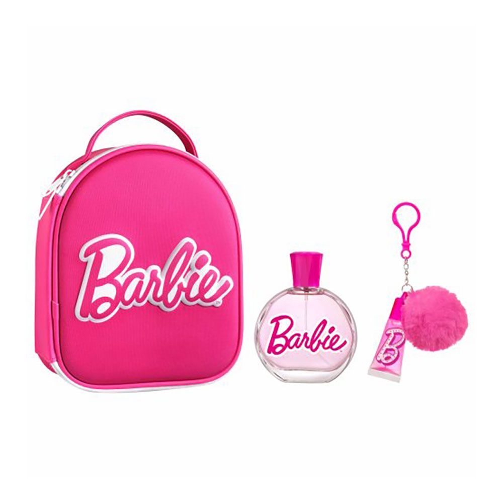 Nécessaire barbie com colónia 100 ml + batom brilhante e chaveiro
