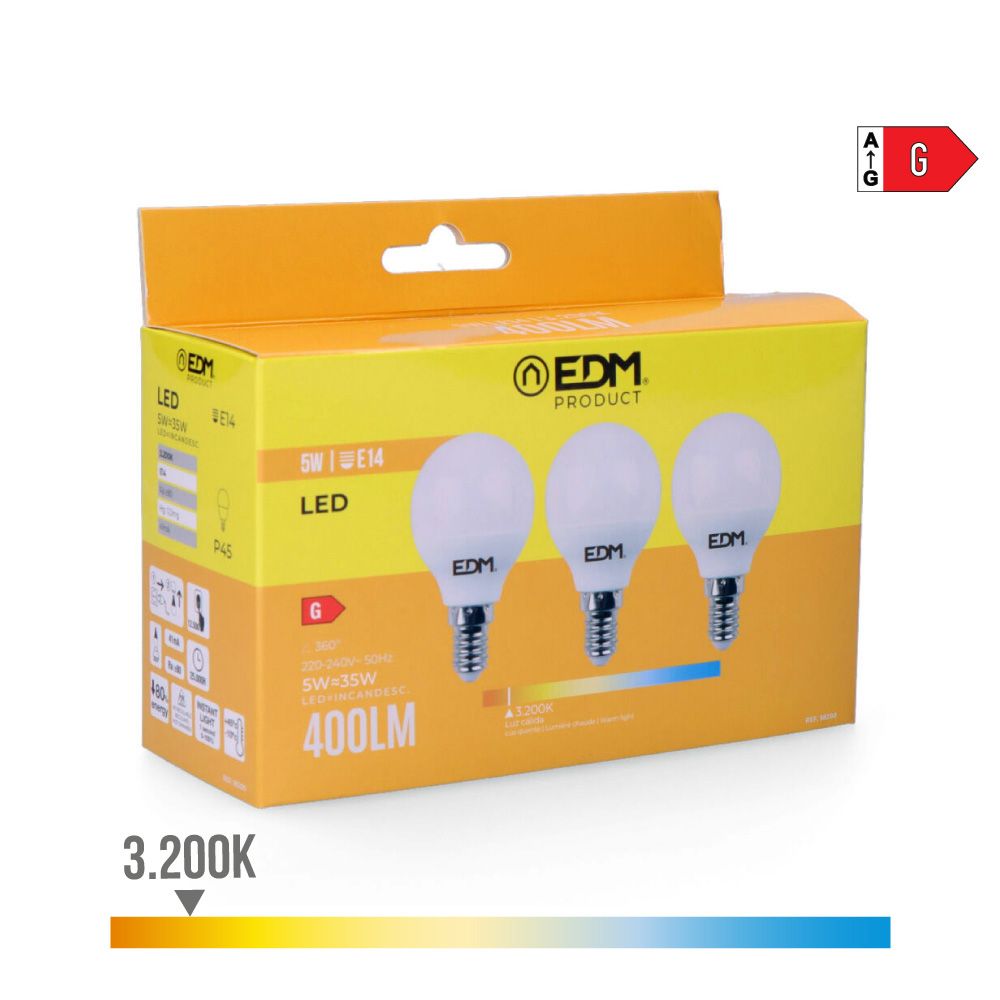 KIT 3 lâmpadas esféricas LED E14 5W 400lm 3200K LUZ quente Ø4,5x8cm EDM