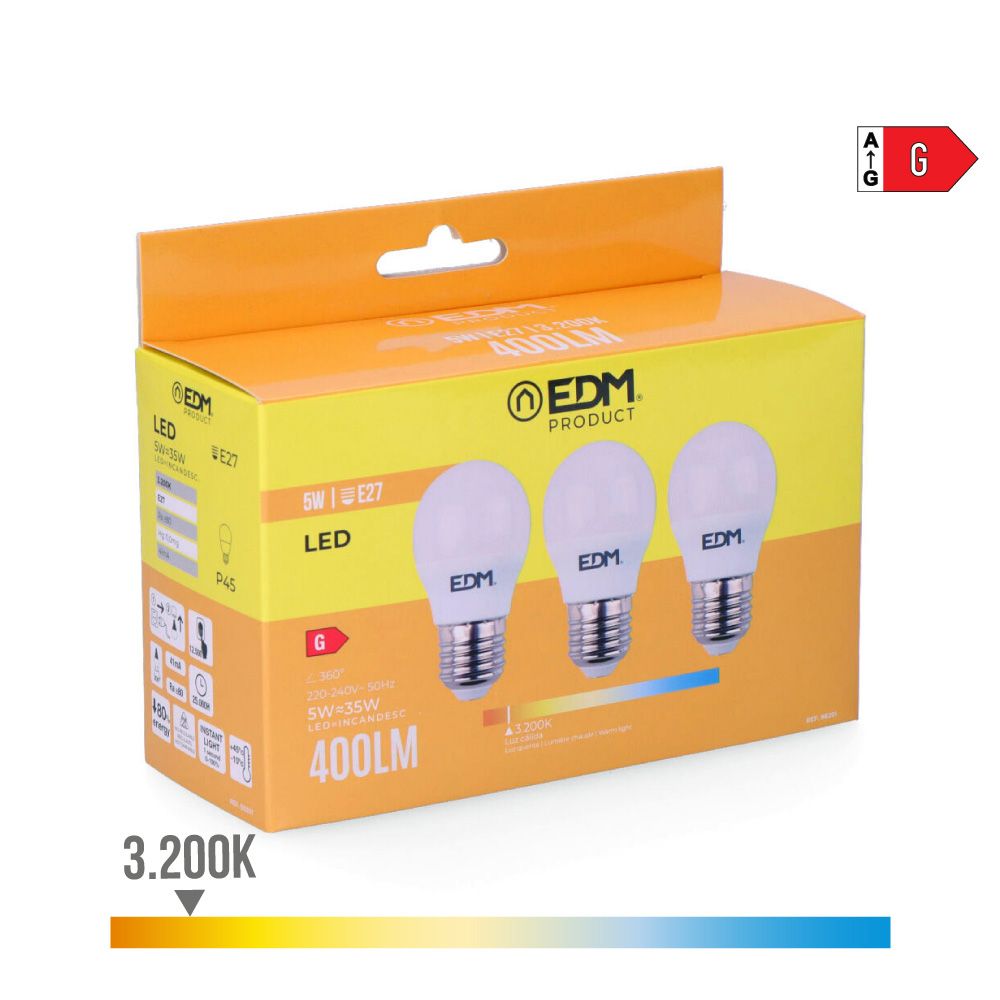 KIT 3 lâmpadas esféricas LED E27 5W 400lm 3200K LUZ quente Ø4,5x8cm EDM