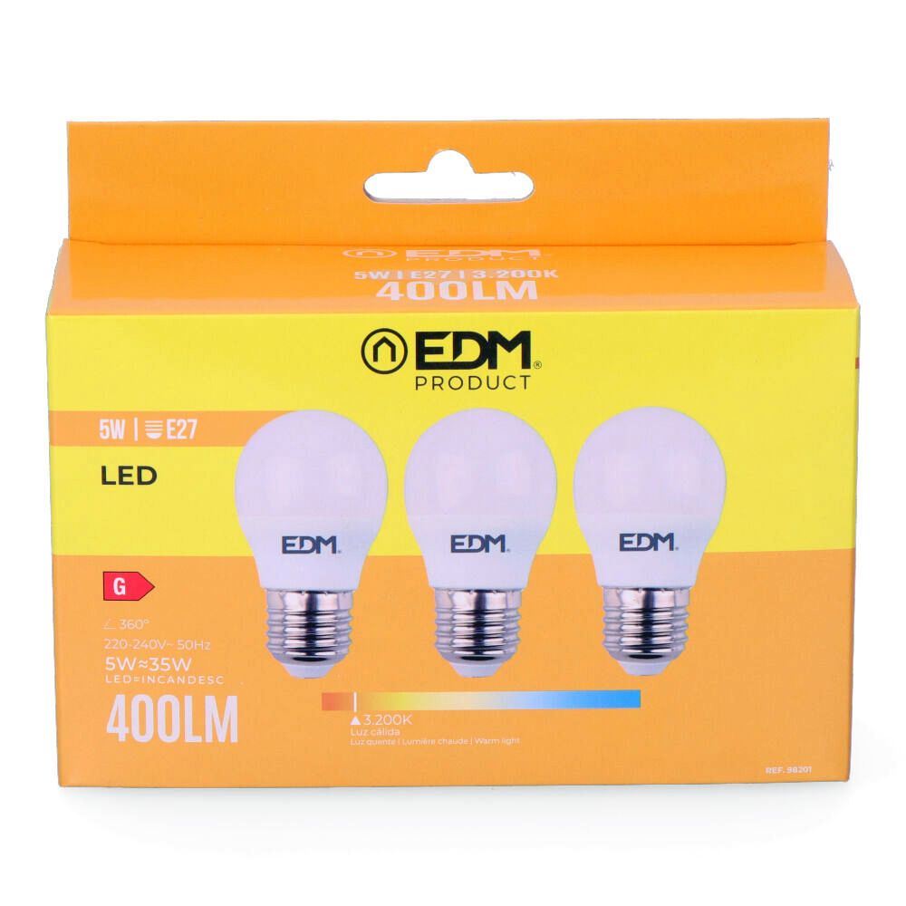 KIT 3 lâmpadas esféricas LED E27 5W 400lm 3200K LUZ quente Ø4,5x8cm EDM - Image 2