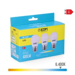 KIT 3 lâmpadas esféricas LED E27 5W 400lm 6400K LUZ fria Ø4,5x8cm EDM