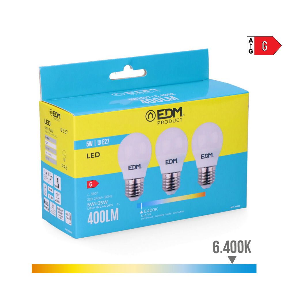 KIT 3 lâmpadas esféricas LED E27 5W 400lm 6400K LUZ fria Ø4,5x8cm EDM