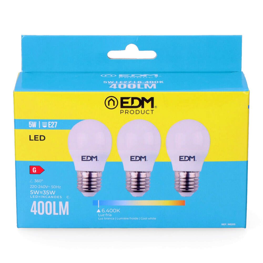KIT 3 lâmpadas esféricas LED E27 5W 400lm 6400K LUZ fria Ø4,5x8cm EDM - Image 2