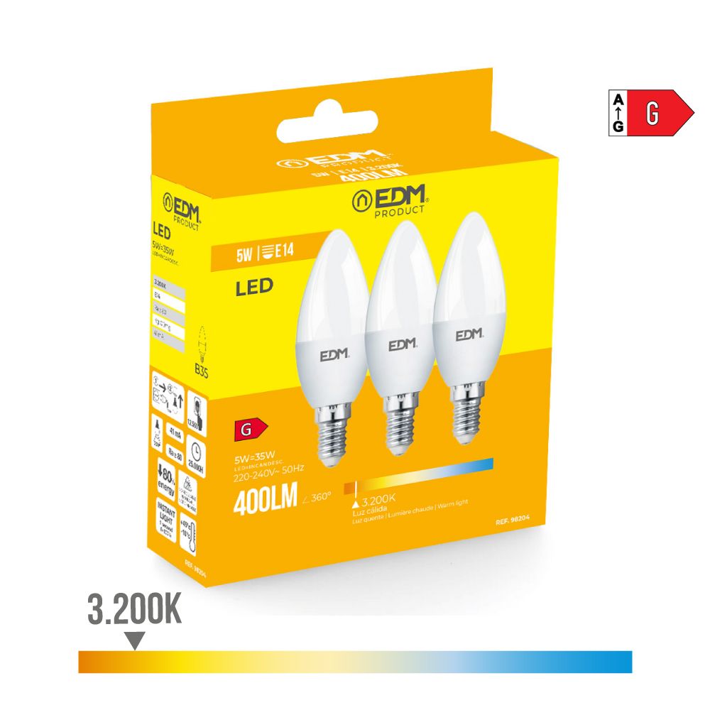 KIT 3 lâmpadas vela LED E14 5W 400lm 3200K LUZ quente Ø3.6x10cm EDM