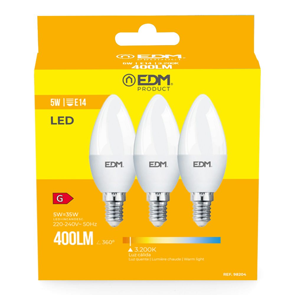 KIT 3 lâmpadas vela LED E14 5W 400lm 3200K LUZ quente Ø3.6x10cm EDM - Image 2