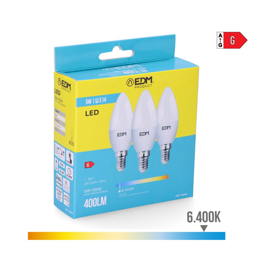 KIT 3 lâmpadas vela LED E14 5W 400lm 6400K LUZ fria Ø3.6x10cm EDM