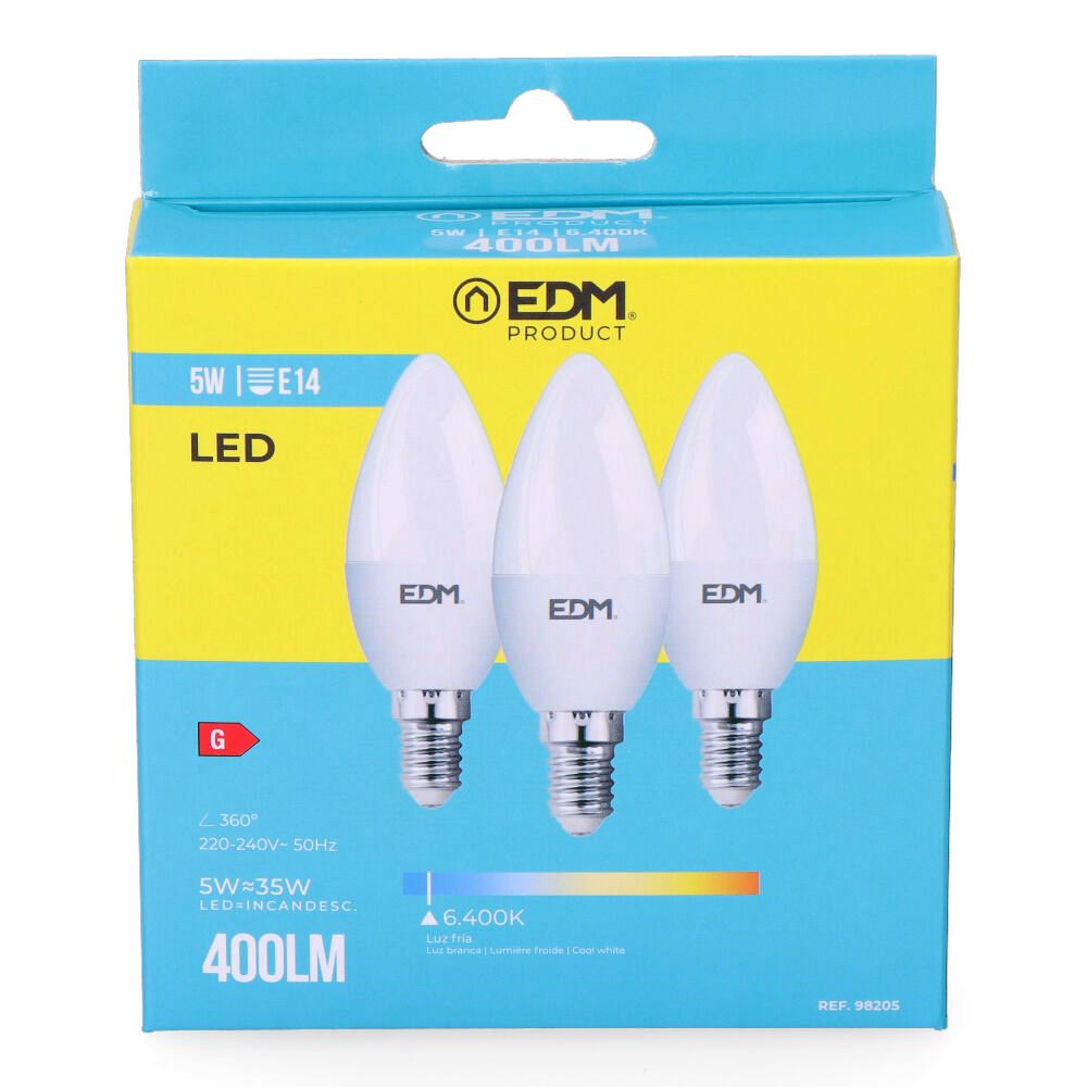 KIT 3 lâmpadas vela LED E14 5W 400lm 6400K LUZ fria Ø3.6x10cm EDM - Image 2