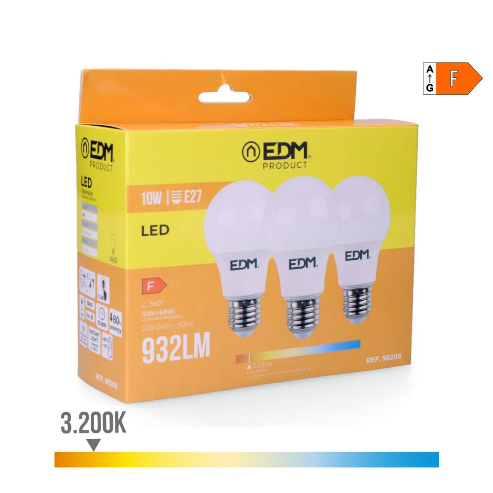 KIT 3 lâmpadas LED standard E27 10W 932lm 3200K LUZ quente Ø6x10,8cm EDM
