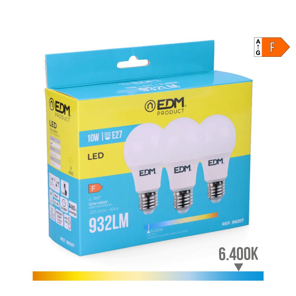 KIT 3 lâmpadas standard LED E27 10W 932lm 6400K LUZ fria Ø6x10,8cm EDM