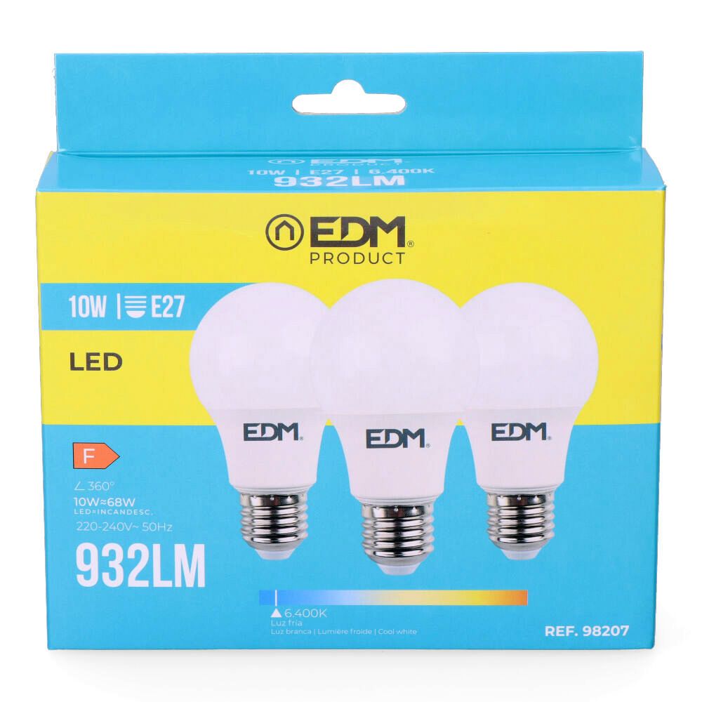 KIT 3 lâmpadas standard LED E27 10W 932lm 6400K LUZ fria Ø6x10,8cm EDM - Image 2