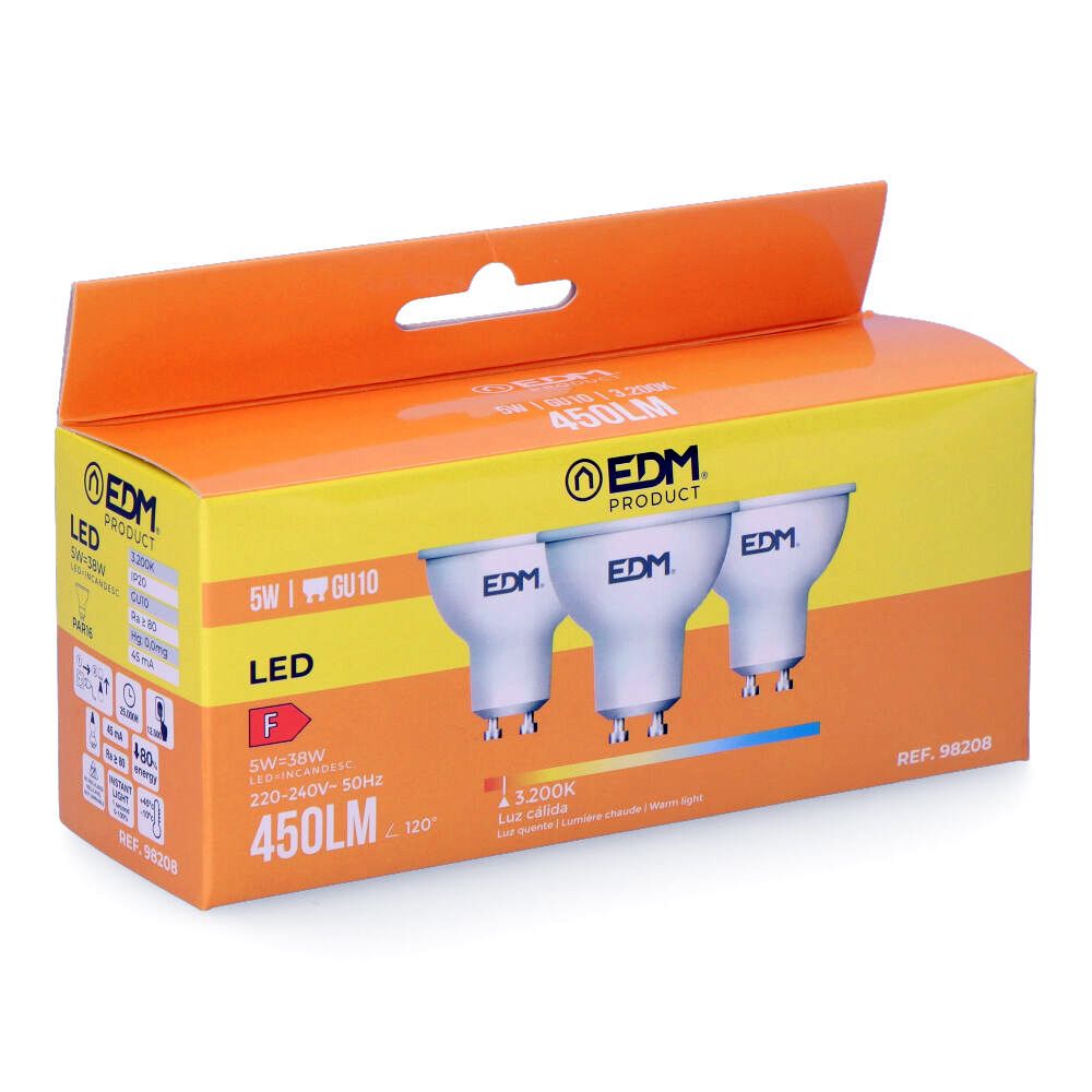 KIT 3 lâmpadas dicroicas LED GU10 5W 450lm 3200K LUZ quente Ø5x5,5cm EDM - Image 2