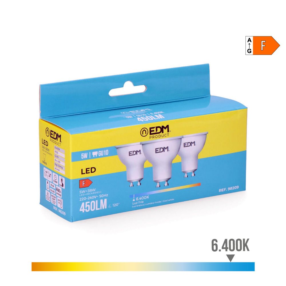 KIT 3 lâmpadas dicroicas LED GU10 5W 450lm 6400K LUZ fria Ø5x5,5cm EDM