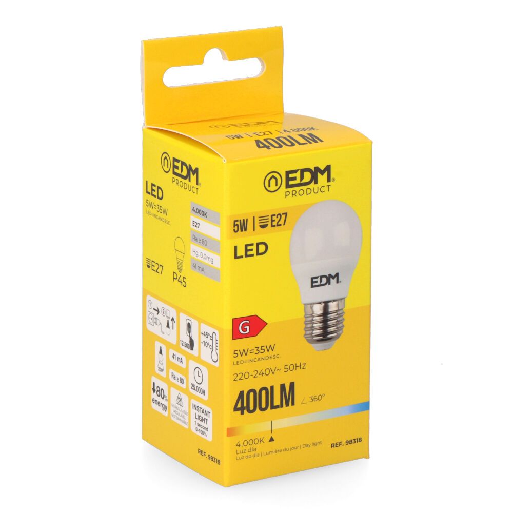 Lâmpada esférica LED e27 5 w 400 lm 4000 k luz do dia ø4,5 x 8 cm - Image 2
