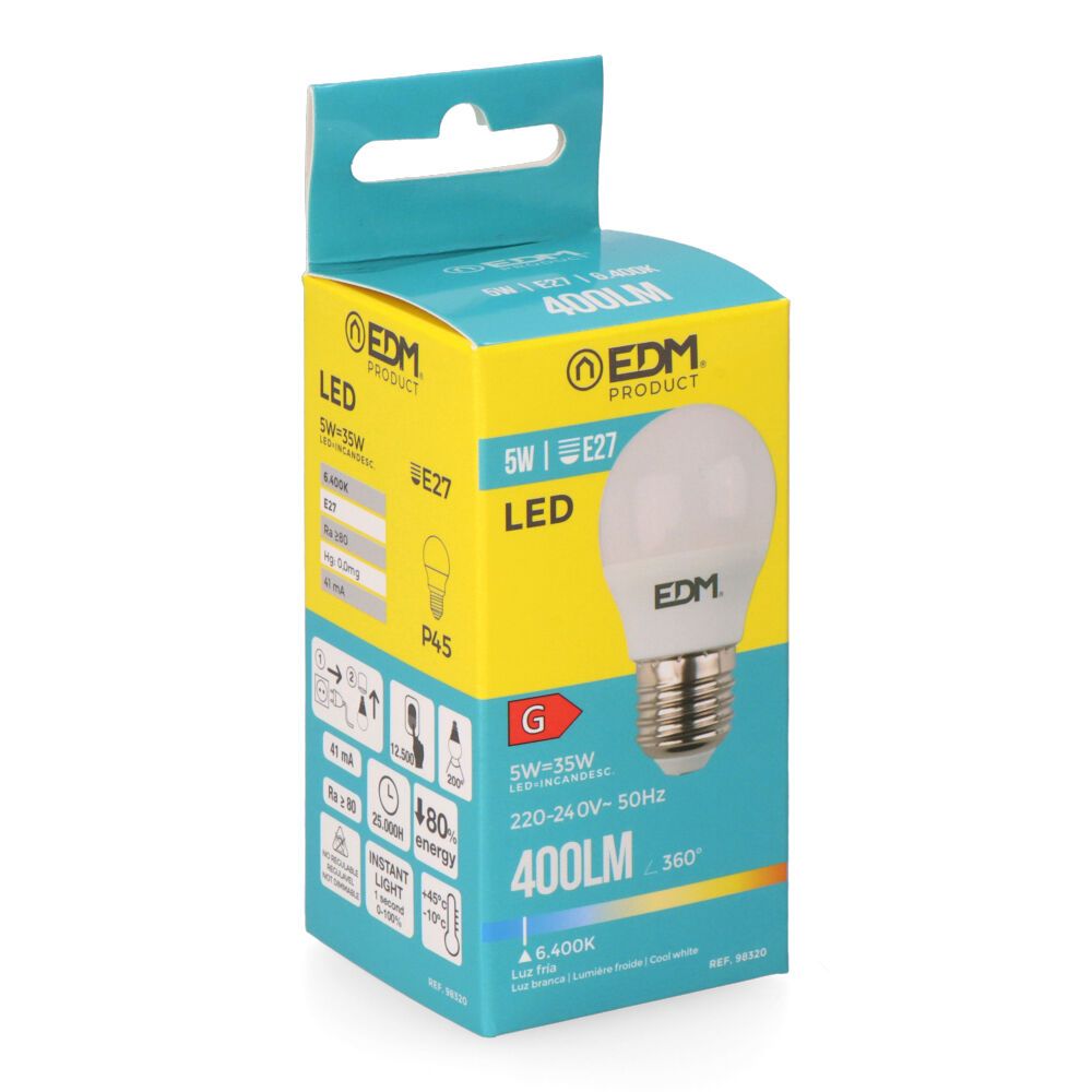 Lâmpada esférica LED E27 5W 400lm 6400K LUZ fria Ø4,5x8cm EDM - Image 2