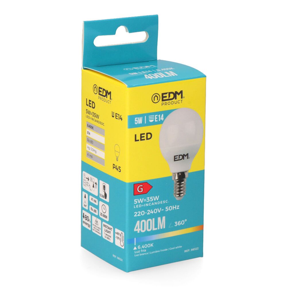 Lâmpada esférica LED E14 5W 400lm 6400K LUZ fria Ø4,5x8cm EDM - Image 2