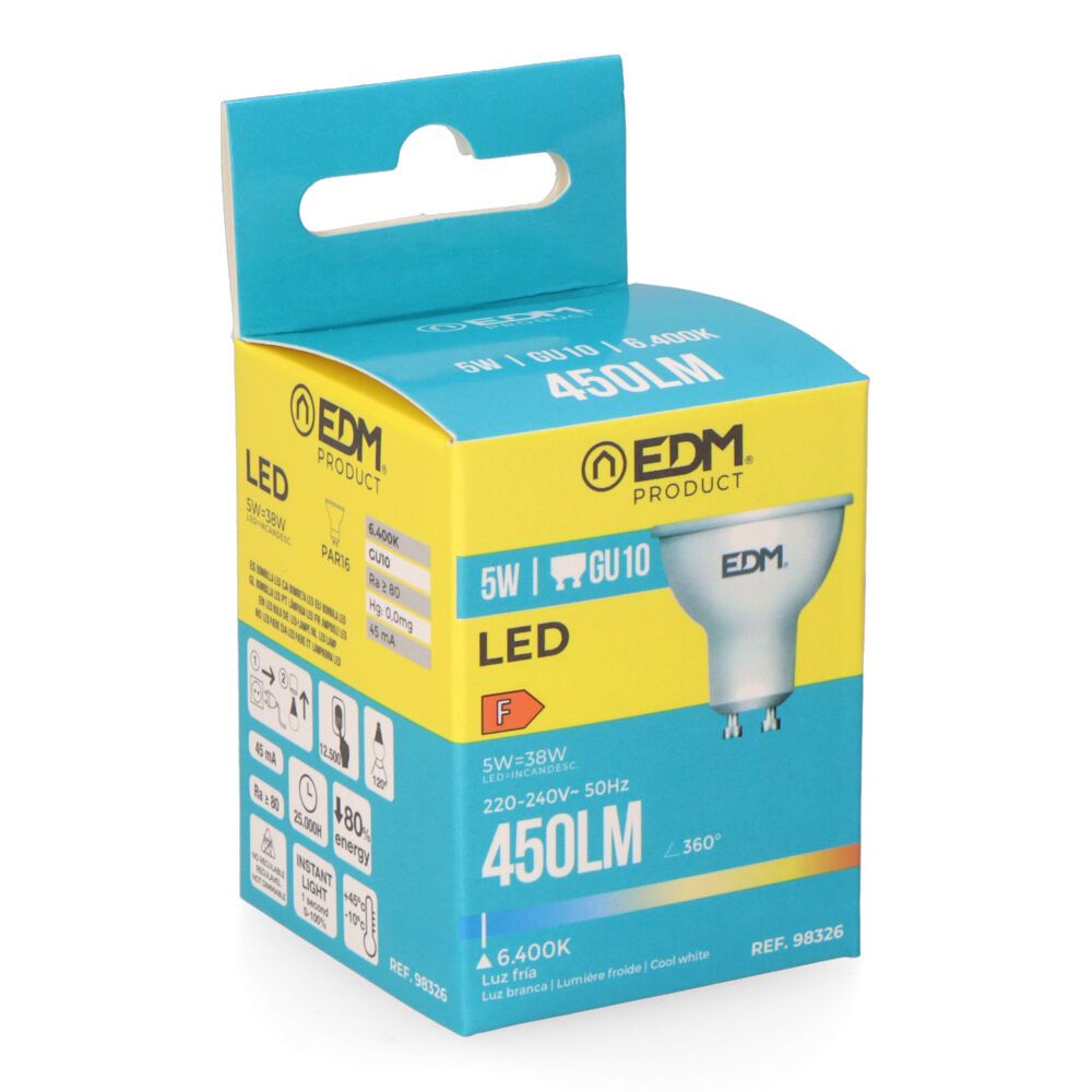 Lâmpada dicroica LED GU10 5W 450lm 6400K LUZ fria Ø5x5,5cm EDM - Image 2