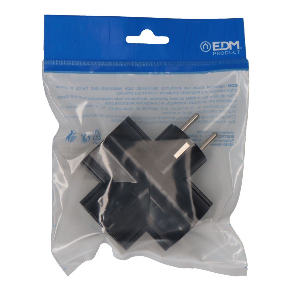 Ficha tripla com baquelite T/TL tipo F 4,8mm 16A 250V MAX 3680W preto (embalado) - Image 2