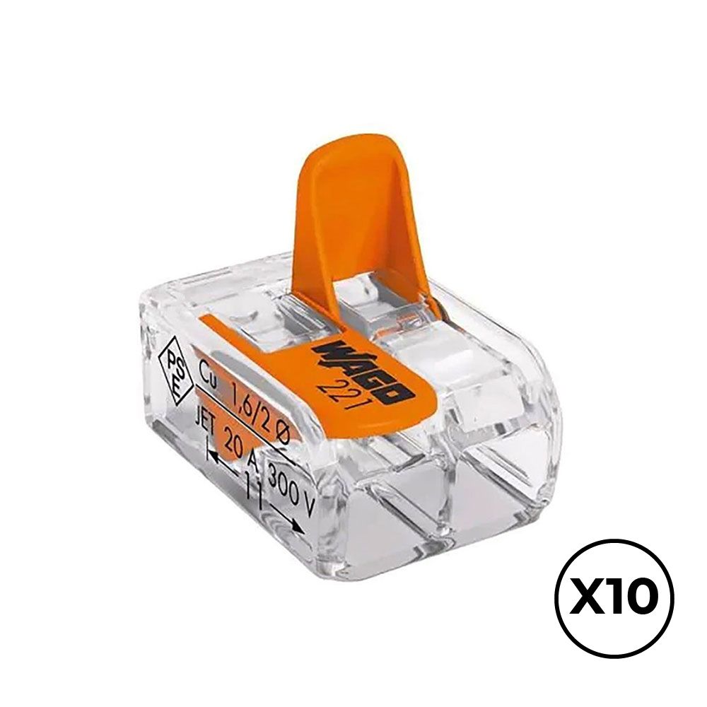 Conector rápido com patilha, 2 vias, ø máximo 4 mm², 450 V, 32 A, transparente, 13,2 x 18,6 x 8,4 mm, 10 un.