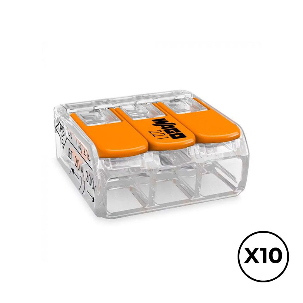 Conector rápido com alavanca 3 condutores, ø máximo 4 mm², 450 V, 32 a, transparente, 18,8 x 18,6 x 8,4 mm. contém 10 unidades
