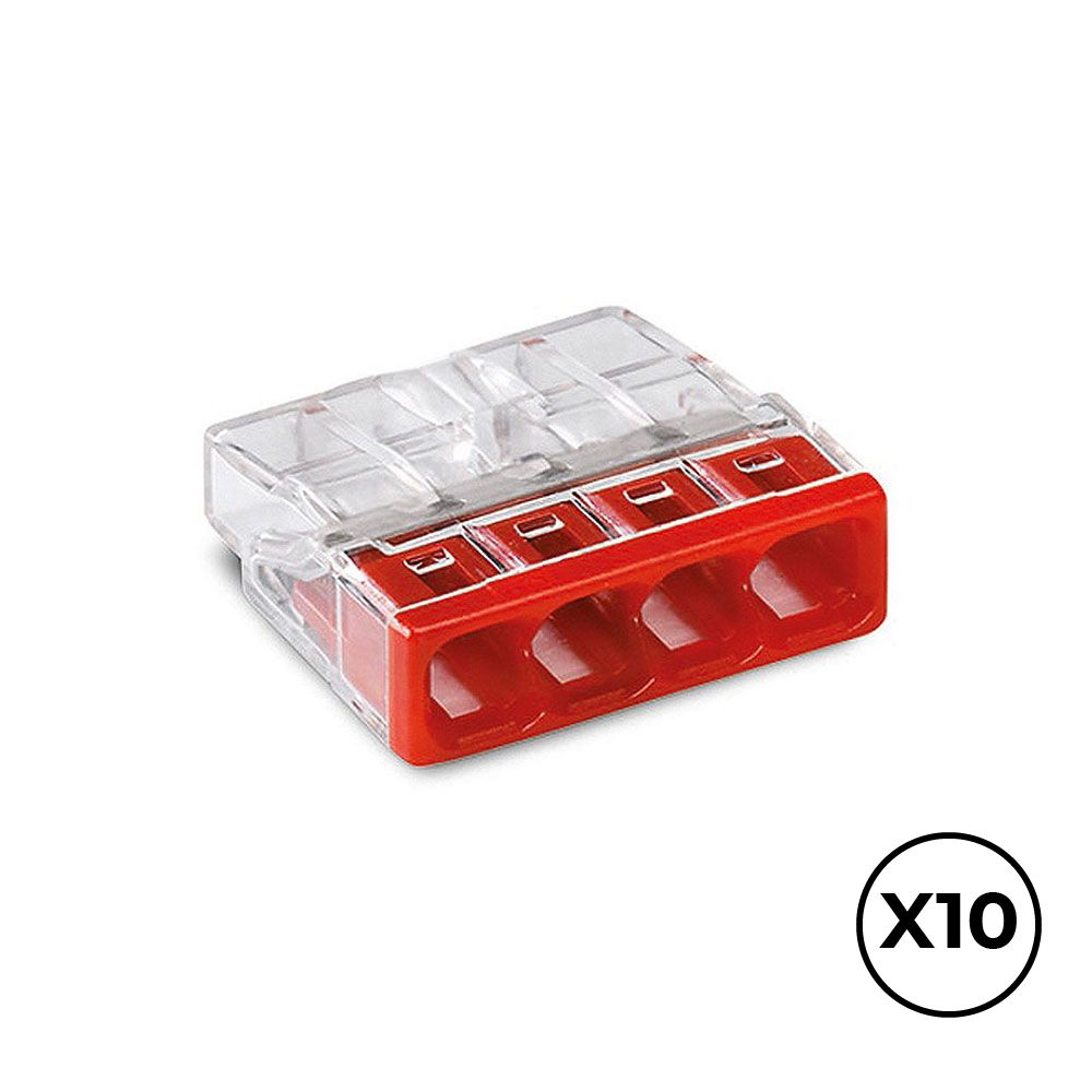 Conector rápido 4 condutores rígidos, ø máximo 2,5 mm², transparente / vermelha. contém 10 unidades