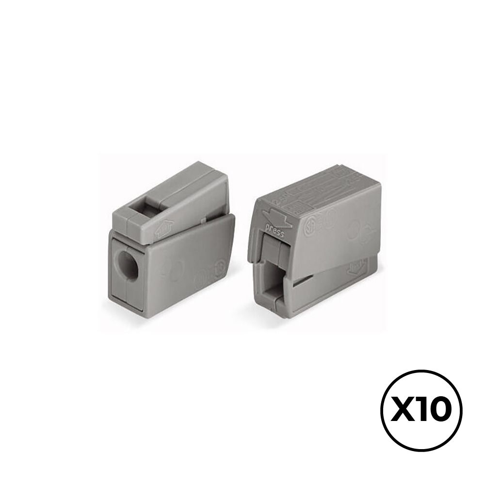 Conector CLIP rápido em linha 2 condutores, 1 rígido + 1 rígido, semi-rígido ou flexível, ø máximo 2,5 mm², cinza. contém 10 unidades