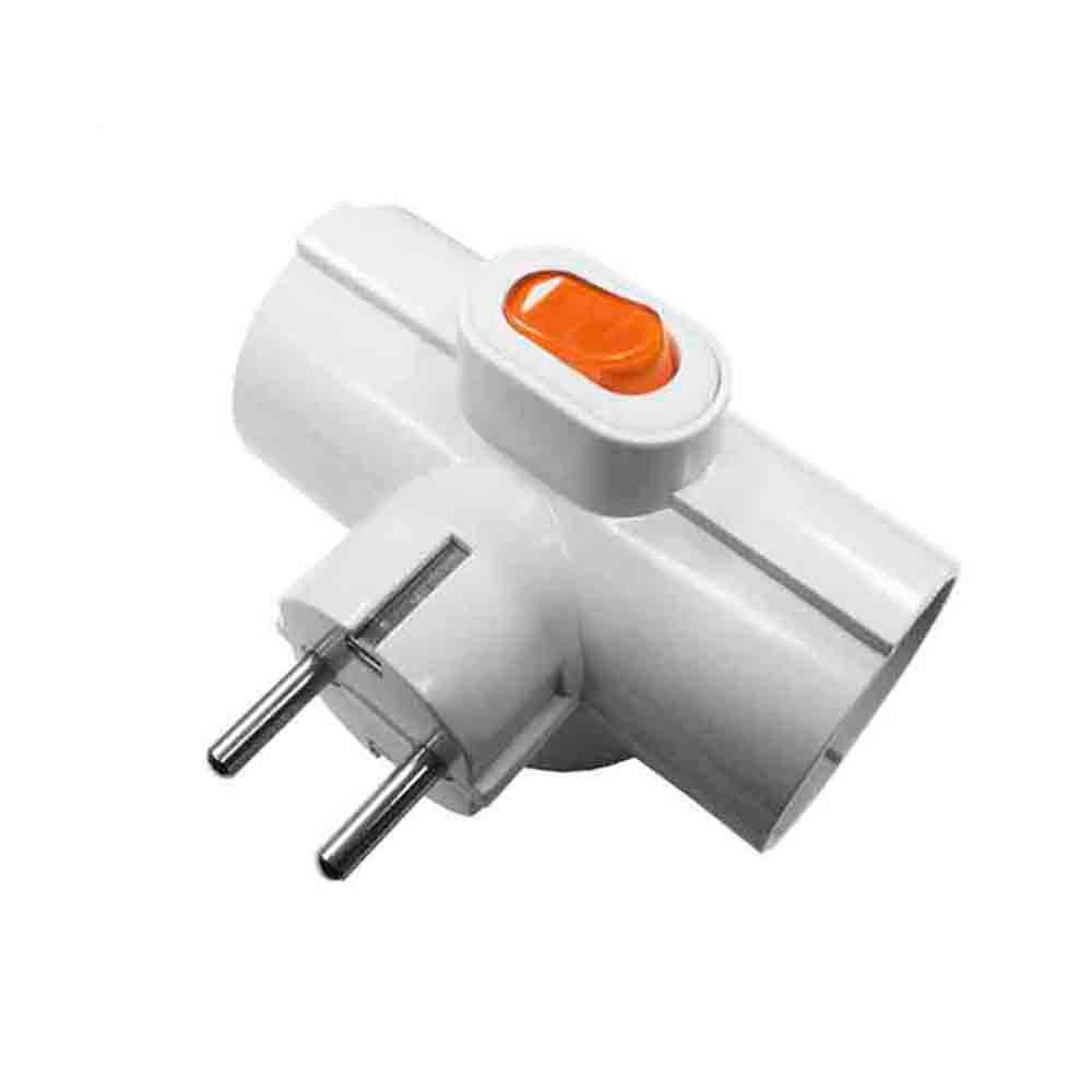 Adaptador triplo 2P+T, 16A 250V~ entrada lateral, com interruptor luminoso, branco (retrácido)