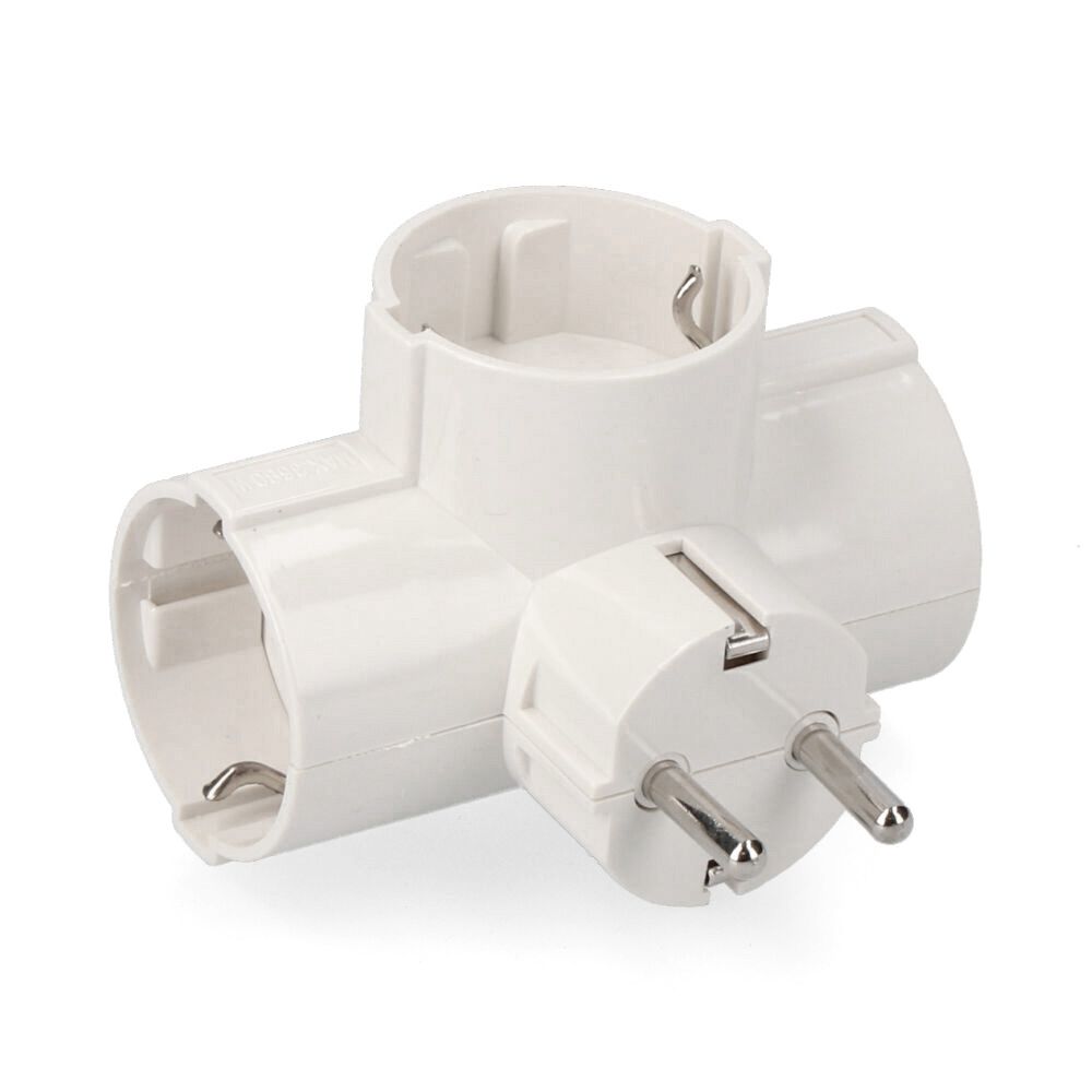 Adaptador triplo 2P+T, 16A 250V~ entrada lateral, branco (retrátido)