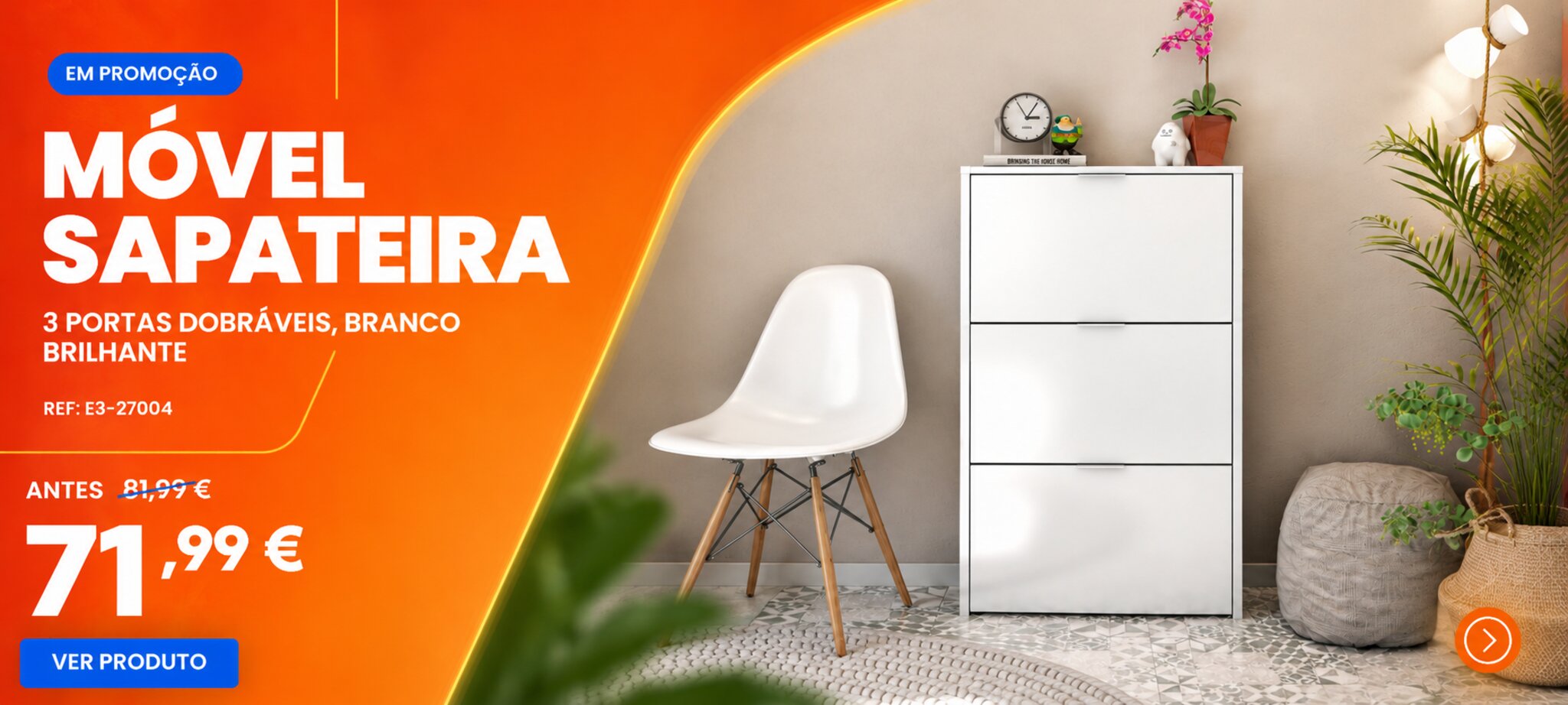 Móvel sapateira 3 portas dobráveis, branco brilhante em promoção, 71,99 €
