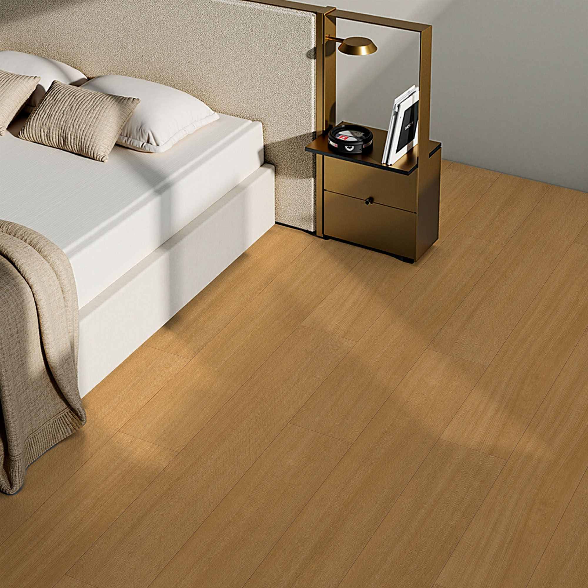 Pavimento vinílico Honey Beach Oak num quarto