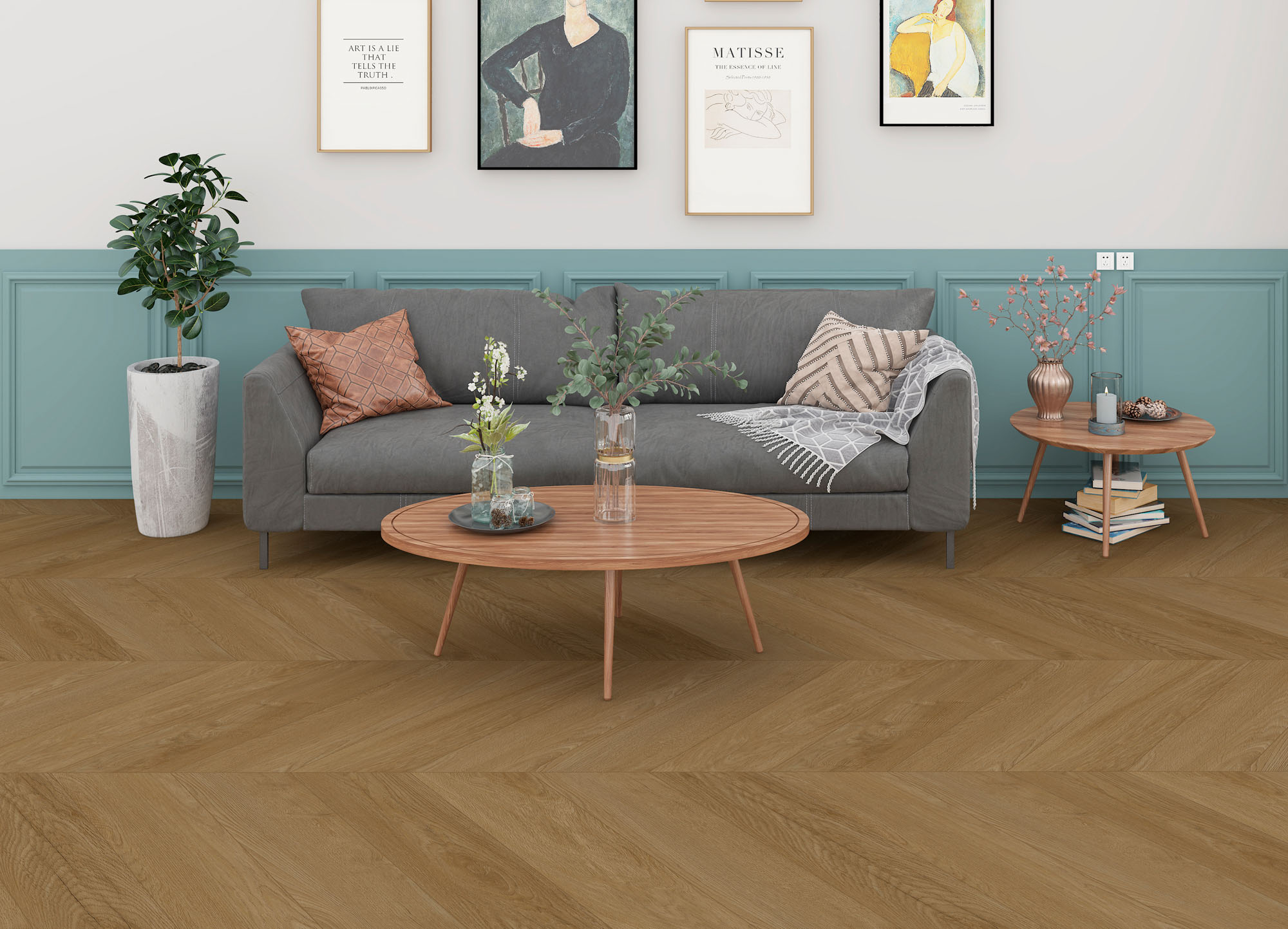Pavimento vinílico Mocha Power Oak numa sala