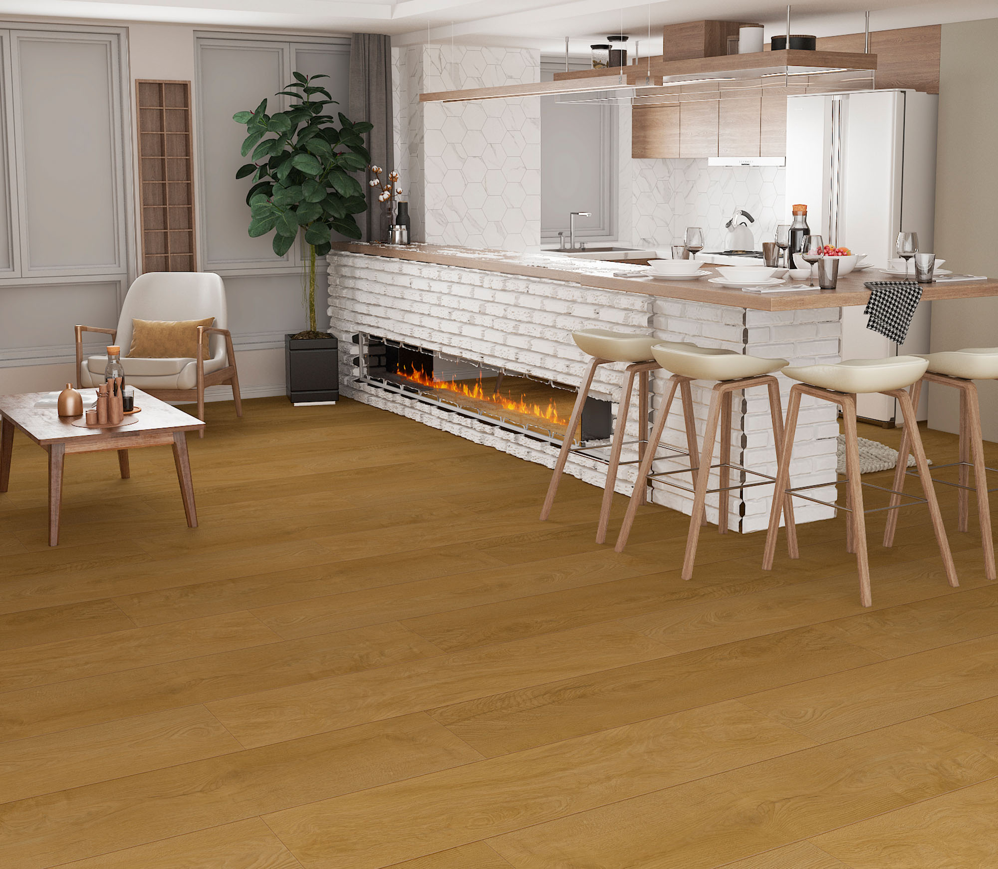 Pavimento vinílico Honey Power Oak numa cozinha