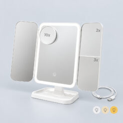 Espelho de mesa dobrável tríptico com aumento e LUZ LED recarregável