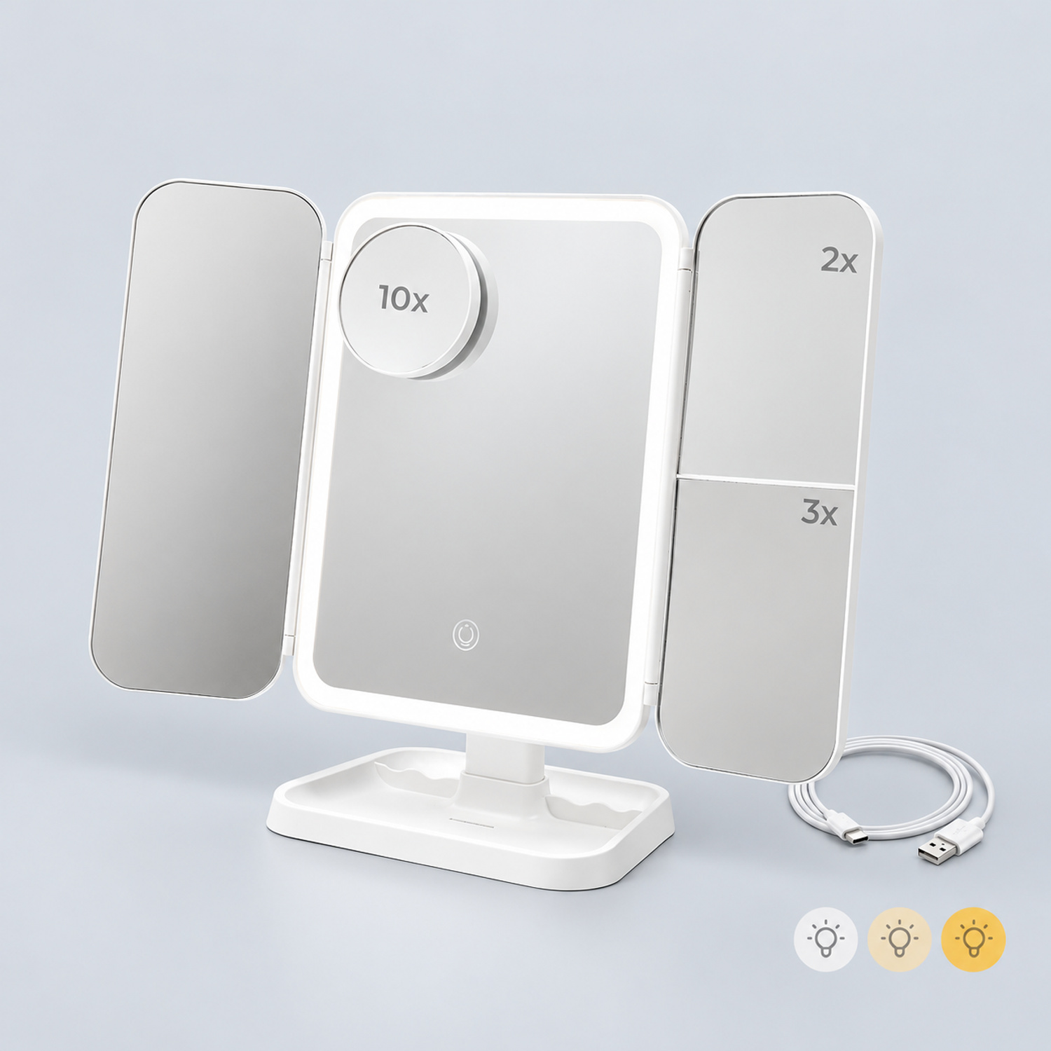 Espelho de mesa dobrável tríptico com aumento e LUZ LED recarregável